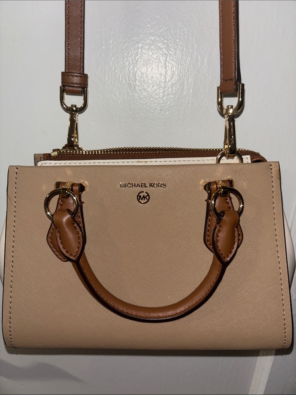 Michael Kors Beige and Brown Saffiano Mini Satchel with Gold Hardware